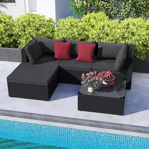 LILIIN Garten Sofa Poly Rattan Lounge Sofa Gartenmöbel Set, Polyrattan Gartenlounge Sofagarnitur Ecksofa mit Sitzkissen, 5-teiliges Set, Gartensofa, Hocker, Couchtisch, Sofa Module Größe: 210x146x63cm