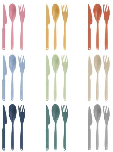 LZLINGMEI 27 Pieces 9 Colors Reusable Plastic Cutlery Set with Knives, Forks and Spoons, Large Portable Tableware Camping Utensils for Lunch Travel School Work Picnic Party Daily Use