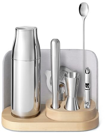 Caraway 9-Piece Complete Bar Set - Cocktail Shaker, Jigger, Muddler, Wine Key, Strainer, Bar Spoon, Storage Organizer, Magnetic Backer - Bartender Accessories - Tools for Home Bartending - Gray