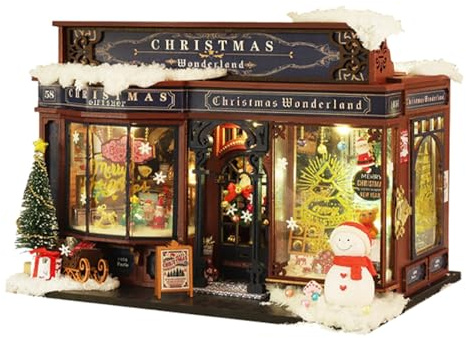 Casa de muñecas de Navidad – Miniatura casa de muñecas de madera, completo con árbol de Navidad y muebles, decoración de vacaciones, coleccionables, actividad infantil, diversión familiar, exposición