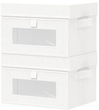 GUOHNHE Aufbewahrungsbox mit Sichtfenster, Weiß, 26x20x17 cm, 2 Stück | Kisten Aufbewahrung für Kleiderschrank, Kleiderschrank Organizer mit Deckel Stoff, Faltbox mit Fenster für Kleidung