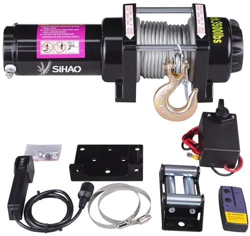 Elektrische Winde 12 V DC mit Kabel, IP55 Elektrische Winde mit 10 m synthetischem Stahlkabel und kabelloser Fernbedienung × 1, für Anhänger, Geländewagen, Anhänger, UTV ATV (3500LBS)