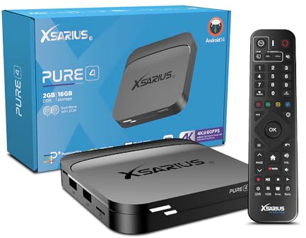 Xsarius Pure 4 4K UHD Android 14 IP-Receiver Schwarz (Dual-WiFi, USB 3.0, LAN, HDMI, HDR10+, Widevine L1, Bluetooth, PremiumTV+, MyTV Go+ App, 2GB RAM, 16GB Flash)