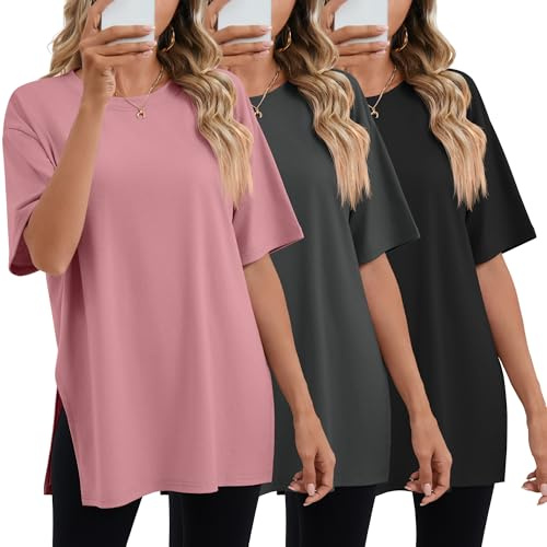 Geyoga 3 Pack T-Shirt Oversize Donna Gym | Maglie Lunghe Vestibilita Ampia, Tee Da Palestra Estive Baggy, Maniche Corte, Girocollo, Spacchi Laterali, Moda Taglie Forti