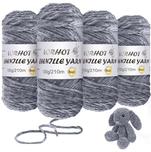 Premium Feines Chenille Garn, 4x100g (840m gesamt) - 210m pro Knäuel Extra Lange Lauflänge - Samtig Weiches Velvet Chenille für Moderne Amigurumi & Wohndeko - Häkelnadel 3.5-4.0mm, Grau