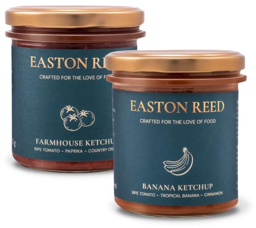 EASTON REED Gourmet Ketchup Set, Set de Ketchup Gourmet – Elaborado artesanalmente en Alemania – Farmhouse y Plátano – Dúo 530ml – Salsas Barbacoa Premium sin aromas artificiales
