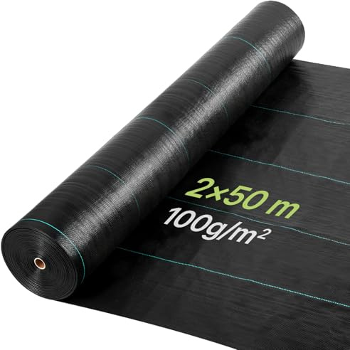 VEVOR Toile de Paillage 2x50 m Bâche Anti Mauvaise Herbe 100 g/m² Géotextile Anti Repousse Tissé PP pour Protection Contre Mauvaises Herbes, Couverture de Sol, Jardin, Potager, Parterres Fleurs, Noir