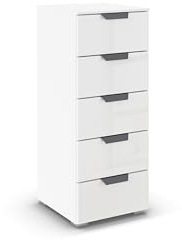 Rauch Möbel ADITIO, Kommode, Farbe Glas Weiß, Breite 40 cm | Highboard im modernen Look, 5 Schubladen, Glasfront, Soft-Close-Funktion, für Schlafzimmer, Gästezimmer, Wohnzimmer, Flur