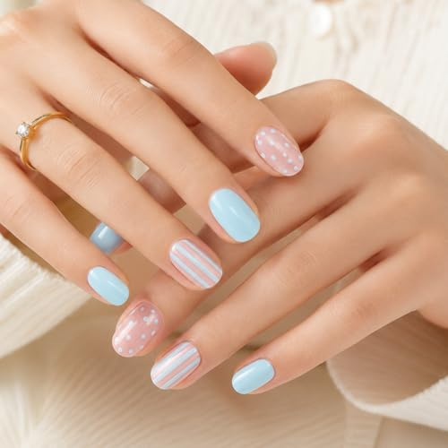 24Pcs Press On Nails, Short Oval, Pastel Blue, Dot & Stripe Design | Glossy Glue On Nails for Women, Cute Fake Nails for Everyday Wear