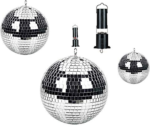 Playlearn Disco Mirror Glitter Balls Party Decoration & Sensory Shiny Silver Hanging Lighting Effect Pack of 3-20cm, 15cm, 10cm & Rotating Motor