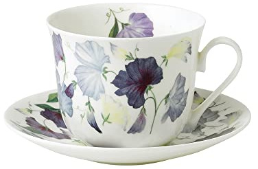Roy Kirkham Jumbotasse mit Untertasse Sweet Pea, Porzellan, Frhstckstasse, Groer Kaffeebecher mit Untertasse, 450ml