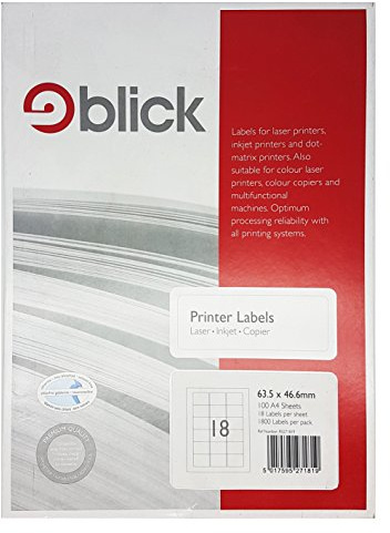 Blick Labels, White, 18 Per Sheet 100 Sheets, Rectangular, 63.5mm x 46.6mm, 1800 Labels, For Home, Office, Family, School