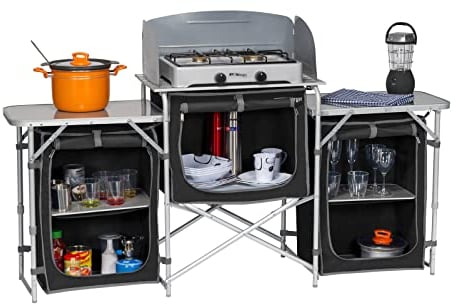 BERGER Campingküche XL | Campingschrank faltbar mit 5 Staufächern inkl. Windschutz und Tragetasche | Outdoor Camping Küche Küchenschrank mit Aluminiumgestell