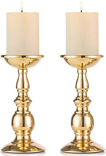 NUPTIO Eisen Säulenständer Kerzenhalter, Tischdekoration Kerzenständer Für Hochzeit, Party, Geburtstag, Abendessen Bei Kerzenlicht, Vintage Kerzenständer Hausdekoration, Kupferfarbe (Gold, 2 x Groß)