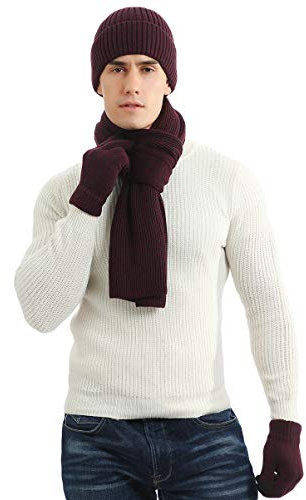 LAUSONS Mütze Schal und Handschuhe Herren mit Fleecefutter Wintermütze Warme Beanie Strickschal und Touchscreen Handschuhe Set Wein