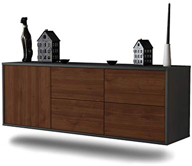 Lowboard Denver hängend (136x47x35cm) Korpus anthrazit matt - Front Holz-Design Walnuss - Push to Open - hochwertige Leichtlaufschienen