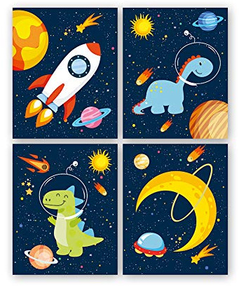 KAIRNE 4er Set Kinderzimmer Bilder Junge,Weltraum Wandbilder,Babyzimmer Poster,Dinosaurier Kinderbild,Astronaut Planeten Wand Kunst Poster für Schlafzimmer Kindergarten Wandeko Geschenk,Ohne Rahmen