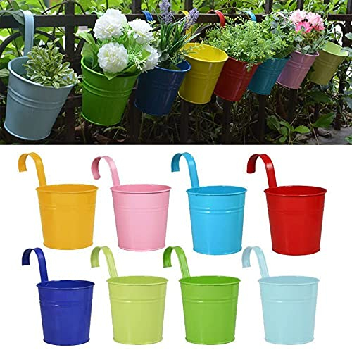 LPAYOK 4 große Metall-Blumentöpfe zum Aufhängen mit abnehmbarem Haken, bunte Hängetöpfe, Balkon-Pflanzkörbe, Blumenhalter für Zaun, Geländer