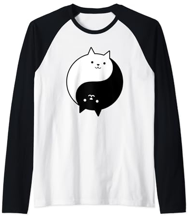 Gatti Carino Yin Yang Yoga Zen Kitty Gatto Bianco e Nero Maglia con Maniche Raglan