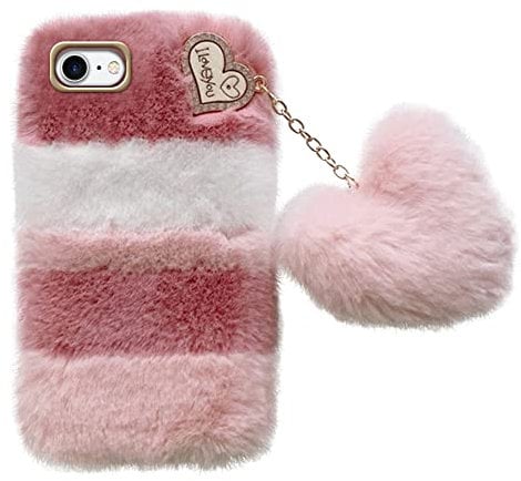 Uposao Compatible with iPhone 8 / iPhone 7 / iPhone SE 2020 Plush Case Fluffy Cute Mobile Phone Case Winter Warm Soft Case with Crystal Rhinestone Love Heart Pendant for Women Girls, White Pink