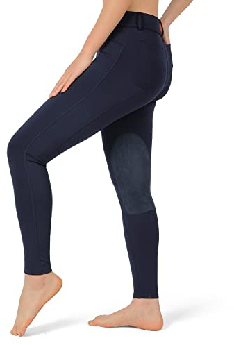 beroy Kids Horse Riding Knee-Patches Pants Girls Equestrian Front-Zip Breeches Legging with Pockets(Navy,XXL)