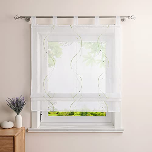 Heichkell Raffrollo mit Schlaufen, Vorhang Bestickt, Grün BxH 60x140cm | Tranparent Rollo, Modern Raffgardine für Küche Wohnzimmer Schlafzimmer