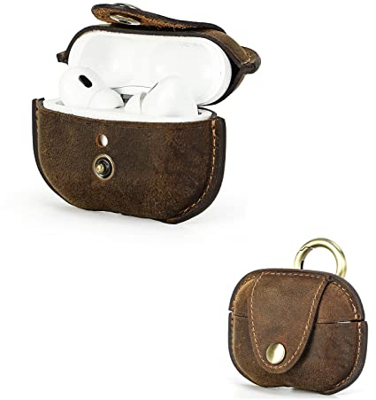 Hiram Leder-Kopfhörer-Hülle Staubdicht Echtleder Cover für Air Pods Pro 2. Generation Wireless Kopfhörer Schutzhülle mit Ladeanschluss und Karabiner (Kaffee)