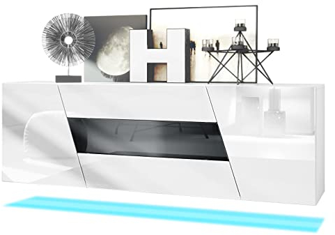 Vladon Sideboard Houston, Made in Germany, hängende Kommode mit 2 Türen & 3 Schubladen, Weiß matt, Weiß Hochglanz, mittlere Schublade Schwarz Hochglanz, inkl. LED-Beleuchtung (178 x 57,5 x 38,5 cm)