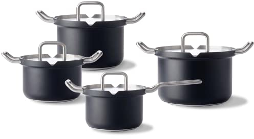 BK Q-Linair Master RVS Black Induktionsgeeignetes 4-teiliges Kochgeschirr-Set aus Edelstahl mit Siebdeckel, backofen- und bratfest bis 230C, Stay Cool Griffe, spülmaschinenfest, PFAS-frei, schwarz