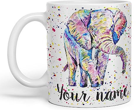 Vixar Personalised with Your Text Elephant Forward Facing Wild Animals Watercolour Art Coloured Ceramic Mug Cup Gift 330ml 11oz Custom Work Office Tea Coffee (White)