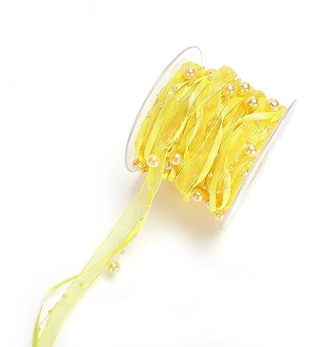 Duories 10m Perlengirlande mit Organza,8+3mm Perlenband,Geschenkband,Trendyband,Schleifenband,Dekoband Hängedeko Tischdeko Dekokette für Hochzeit Weihnachten Taufe Geburtstagsgeschenke,Gelb