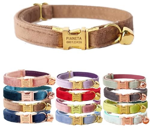 Katzenhalsband, personalisierbar mit Namen und Glöckchen, maßgeschneiderte Samthalsbänder für Welpen, Kätzchen (S (15,2 cm - 25,4 cm), braun)…