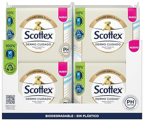Scottex Papel Higiénico Húmedo Dermo Cuidado PH Neutro para Pieles Delicadas, Biodegradable y Sin Plástico, Caja 12 packs con 66 servicios, Total 456 Toallitas Húmedas Desechables por WC