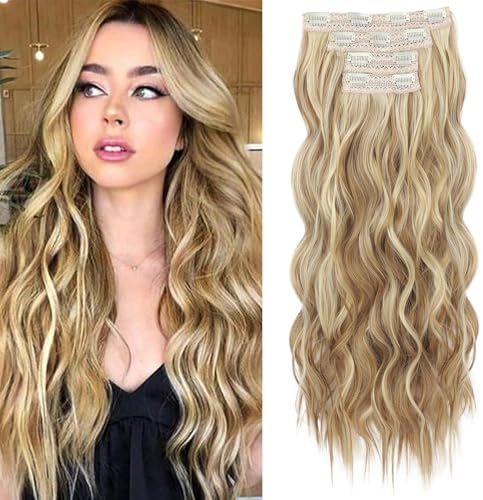 REECHO Clip in Extensions, 4PC Blond Hair Extensions Clip in Haarverlängerungen 60 cm Dicke Lange Strandwellen Haarteile - Mittelblond mit Blonden Strähnchen