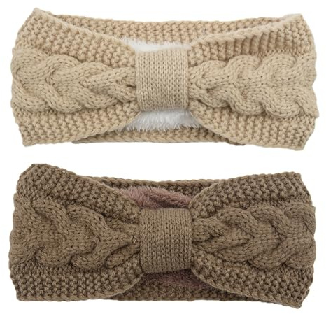 YOFASEN 2 Stück Stirnband Damen Winter - Gefüttert Fleece Haarbänder Elastische Haarreife Ohr Wärmer Haarband Häkelarbeit Haarschmuck Gestrickte Haarreifen für Frauen Mädchen(Beige+Khaki)