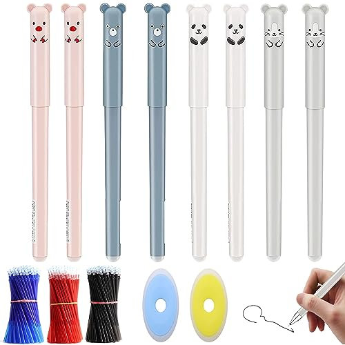 ZOCONE Gelschreiber, radierbar, Set mit 8 Kawaii-Stiften, löschbar, Tiermotiv, 24 radierbare Ersatzminen, 2 Radiergummis, Kawaii-Stift für Schulbedarf und Büro