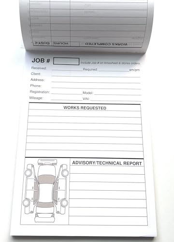 Repair Job Cards x100 Garage Workshop Job Time Sheet Pad Works Cards MOT 100 Sheets Two Sided with Car Image
