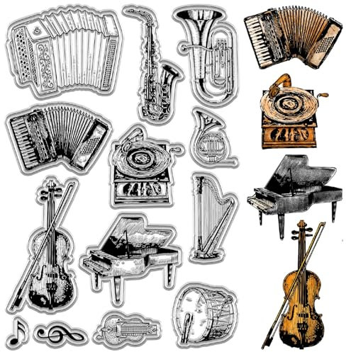 craspire Instrumente Klare Stempel Vintage Violine Klavier Gummistempel Wiederverwendbarer Hintergrund Poststempel Transparente Silikonstempelsiegel Für Die Erstellung von Journalen Und Karten DIY