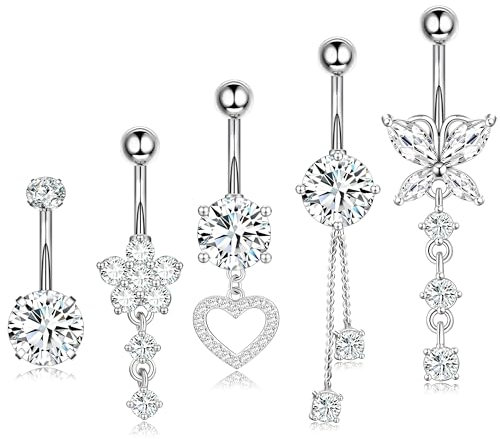Eyezeeption 5 Stück Bauchnabelpiercing Chirurgenstahl 10mm 12mm Stablänge Silber Mit Perlen Strass Titan Clip - Geschenk für Frauen Schmuck