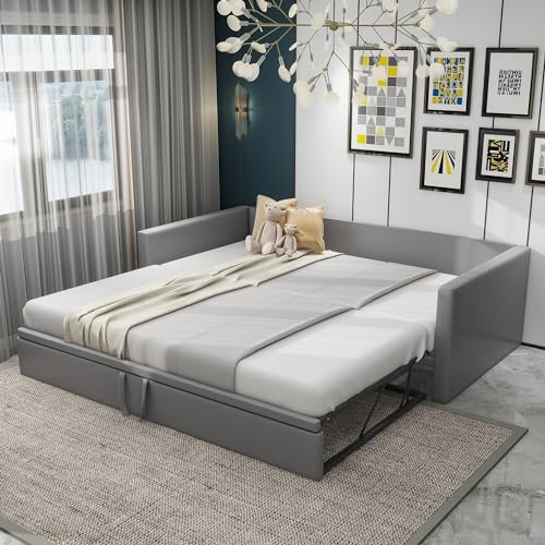 Dolamaní Tagesbett 90/180x200 cm mit Gästebett, Ausziehbett Gleiche Höhe, Bett Ausziehbar zum Doppelbett, Schlafsofa für Erwachsene 2 Personen (Hell-Grau)