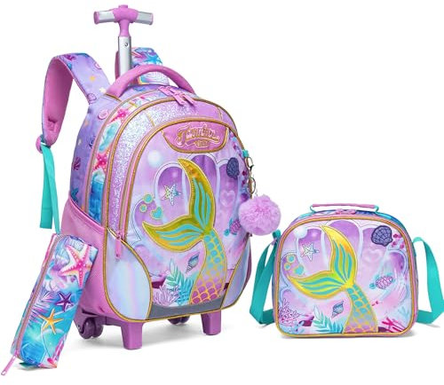 Meetbelify Kinder-Rollrucksack mit Rollen für Mädchen und Jungen, Rollrucksäcke mit Lunchbox für Grundschüler, 01 Meerjungfrau