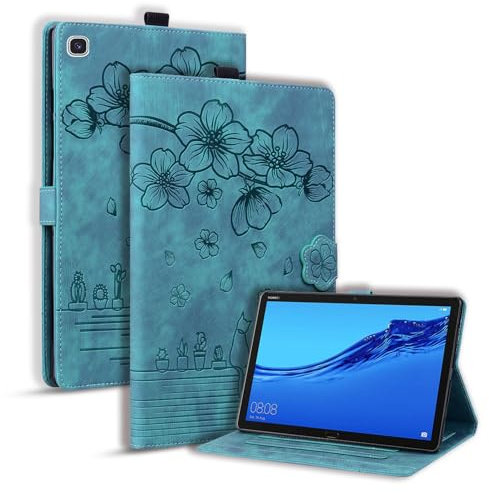TEDTIKJT Fundas para Samsung Galaxy Tab A7 Lite 8.7 (SM-T220/T225) Carcasa PU Cuero Folio Funda con Soporte Protección Tablet Cover para Samsung Galaxy Tab A7 Lite Funda,Flores Cerezo Gatos Verde