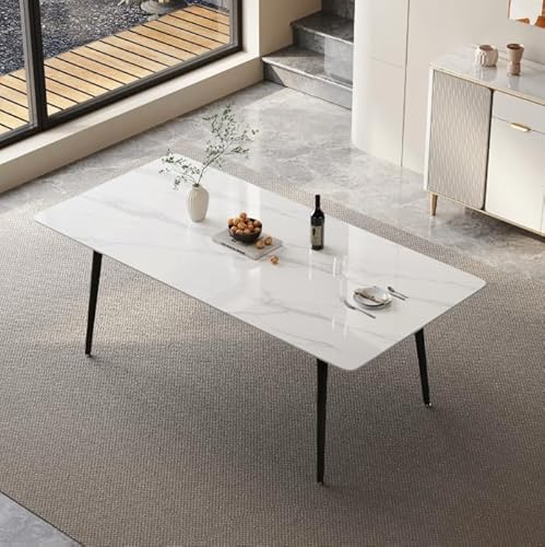 Modern Esstisch für 8 Personen, rechteckige Tischplatte aus gesintertem Stein,Gestell aus Karbonstahl,Esszimmertische für Esszimmer und Küche,180 x 90 x 75cm, weiß(ohne Stühle
