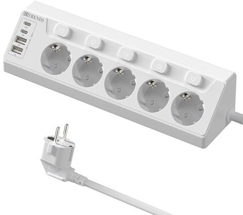 Presa angolare con 2 USB A e 2 Type-C, 5 prese multiple con interruttore singolo, ciabatta angolare con 4 USB, ciabatta con cavo di prolunga da 2 m per scrivania, angoli – bianco 5 switch