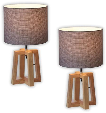 ENOVALITE - Moderne Tischleuchte mit Holzgestell und Stoffschirm - ø25x44cm Höhe - E27 Fassung - Tischlampe Nachttisch Wohnzimmer Fensterbank (2 Stück)