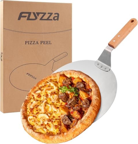 FLYZZA 12 Inch Pizza Peel, Stainless Steel Pizza Spatula with Long Wood Handle for Pizza Oven Baking, Turing Peel for Pizza, Dough, Bread Pastry