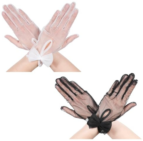 oruola 2 Paar Brauthandschuhe mit Schleife,Schwarz Weiße Tüll Handschuhe,Tüll Handschuhe Kurz,Elegant 80er Jahre Handschuh für Hochzeit Party,Sonnenschutz,Halloween Party Kostüm Zubehör