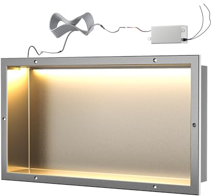 Bernkot Duschnische mit LED-Beleuchtung,Silber Edelstahlnische zum Fliesenlegen, 60 cm × 30 cm, eingebaute Duschregal-Einsatz, fertig zum Fliesenlegen für Badezimmer-Ablage