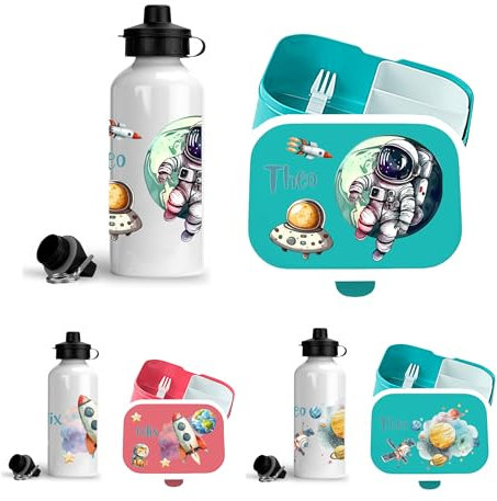 wolga-kreativ Personalisiertes Set Mepal Campus Brotdose Kinder mit Fächern und Trinkflasche Kinder mit Namen, Brotbüchse Astronaut Rakete Weltall Geschenk für Schule, Kindergarten Einschulung