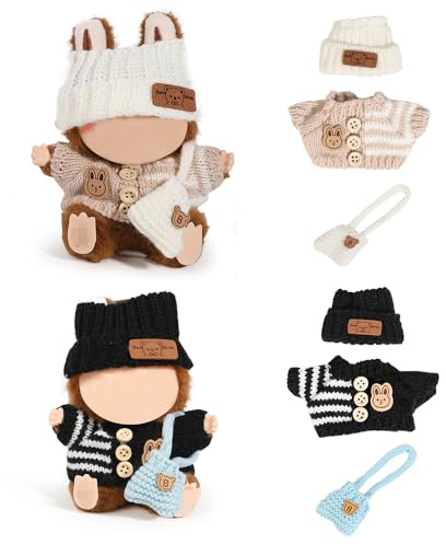 (2 Packung) XMBYGY Kleidung für Labubu (für 17/15cm Stehend/Sitzen Puppen)(Keine Puppe) Mehrere Stil Zubehör Bekleidung für Puppen Anziehen Inklusive Figuren Mantel+ Hut+ Schulter Tasche (WBW+BBU)